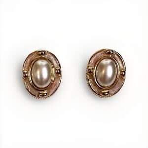 Faux Pearl Gold Tone Oval Earrings, Clip on Victorian Retro Style Glamorous